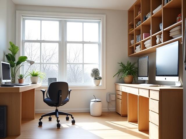 Lyst og funksjonelt hjemmekontor med spesialtilpassede møbler